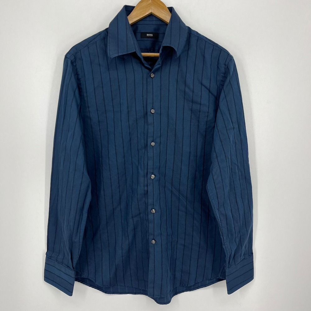 Hugo Boss Mens Navy Blue Striped Cotton Long Sleeve Button Down Shirt 41 16
